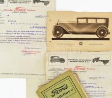 cca 1930 Ford autóval kapcsolatos nyomtatványok: Ford kézikönyv (hiányos), szerviz és benzin számlák