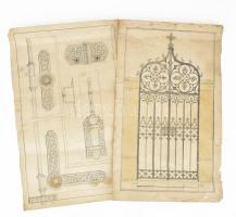 cca 1870 Ignacz Hartner soproni kovácsmester, díszműlakatos 2 db munkájának terve. Akvarell, papír, kissé sérült 27x42 cm