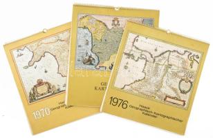1970-1976-1976 Haack Geographisch-Kartographischer Kalender 3 száma, térképes falinaptár sorozat 40x37 cm