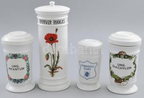 4 db porcelán gyógyszertári edény. Drasche, jelzés nélkül, SzH jelzéssel . Kézzel festett, jelzett, hibátlan 14 cm, 18 cm, 25 cm