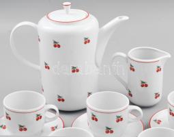 Alföldi porcelán cseresznye mintás kávés készlet. Hat személyes. Kézzel festett, jelzett, minimális ...