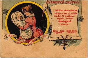 1909 Elismerő oklevél. Humoros lap babát tartó hölggyel / Humorous "certificate" for newborn babies and their mothers, litho (EB)