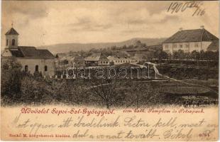 1900 Sepsiszentgyörgy, Sfantu Gheorghe; Római katolikus templom, Potsa park. Benkő M. kiadása / Catholic church, park