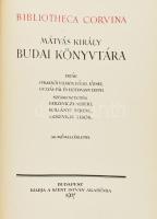 Fraknói Vilmos - Fógel József - Gulyás Pál - Hoffmann Edith: Bibliotheca Corvina. Mátyás király budai könyvtára. Bp., 1927, Szent István Akadémia, 171 p. Számozott (11./200) példány. Egészoldalas, fekete-fehér és színes képekkel illusztrálva. Kiadói papírkötés, kissé sérült, koszos borítóval, a gerincen sérüléssel, helyenként szakadt, hiányos lapokkal, néhány kivágásból eredő hiánnyal (mellékelt jegyzet szerint "egy orosz tiszt vágta ki 1945-ben").