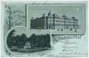 1901 Nagyszeben, Hermannstadt, Sibiu; K.u.K. Korpscomando, Park der K.u.K. Kadettenschule / Cs. és kir. Hadtestparancsnokság, Hadapródiskola kertje. Kunstanst. v. Fr. Schmidt / Austro-Hungarian Army Headquarters and military cadet school&#039;s park. Art Nouveau, floral, litho (EK)