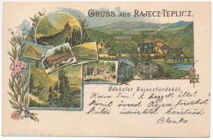 1897 (Vorläufer) Rajecfürdő, Rajecké Teplice; Üdvözlet Rajecz-Teplitzről! fürdőképek. L. u. Sch. Wien No. 263. / spa, bath, soap advertisement. Art Nouveau, floral, litho