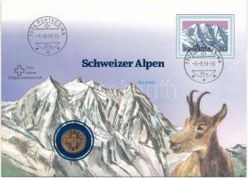 Svájc 1986B 1r bronz "Svájci Alpok - Piz Palu" felbélyegzett borítékban, bélyegzéssel, német nyelvű leírással T:UNC  Switzerland 1986B 1 Rappen bronze in "Swiss Alps - Piz Palu" envelope with stamp, cancellation and a description in german C:UNC