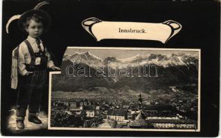 1908 Innsbruck. Art Nouveau montage with little boy in Tyrolean folk costume