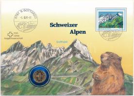 Svájc 1986B 1r bronz "Svájci Alpok - Gotthard" felbélyegzett borítékban, bélyegzéssel, német nyelvű leírással T:UNC  Switzerland 1986B 1 Rappen bronze in "Swiss Alps - Gotthard" envelope with stamp, cancellation and a description in german C:UNC