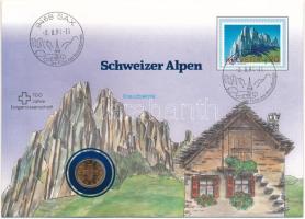 Svájc 1986B 1r bronz "Svájci Alpok - Kreuzberge" felbélyegzett borítékban, bélyegzéssel, német nyelvű leírással T:UNC  Switzerland 1986B 1 Rappen bronze in "Swiss Alps - Kreuzberge" envelope with stamp, cancellation and a description in german C:UNC