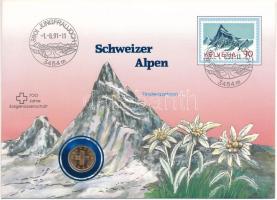 Svájc 1986B 1r bronz "Svájci Alpok - Finsteraarhorn" felbélyegzett borítékban, bélyegzéssel, német nyelvű leírással T:UNC  Switzerland 1986B 1 Rappen bronze in "Swiss Alps - Finsteraarhorn" envelope with stamp, cancellation and a description in german C:UNC