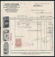 1937 Budapest - Voith Gottlieb - ,,Persil", ,,Henkó", "Ata" márkájú tisztítószerek nagykereskedése fejléces számla