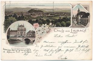 1900 Ljubljana, Laibach; Rathaus Platz, Franzensbrücke mit Franziskaner Kirche / town hall square, bridge and church. Louis Glaser Art Nouveau, floral, litho (r)