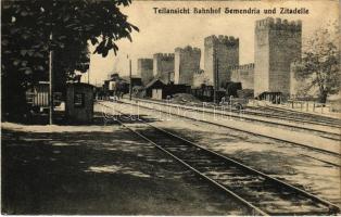 1918 Smederevo, Semendria, Szendrő; Bahnhof und Zitadelle / railway station and citadel, train / vasútállomás a várral (EK)