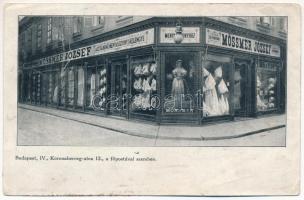 1914 Budapest V. Mössmer József asztalnemű menyasszonyi kelengye üzlete hátoldalon az üzlet reklámjával, Koronaherceg utca 12. főpostával szemben (ázott / wet damage)