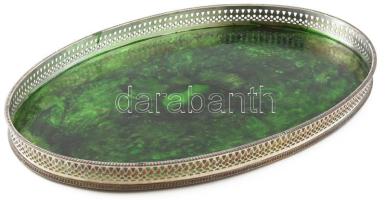 Sheffield antik ezüstözött kínálótálca, zöldre mázolt felülettel, áttört mintás oldalrésszel, félgömb lábakon, jelzéssel, kopással, 45x30 cm