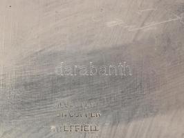 Sheffield antik ezüstözött kínálótálca, zöldre mázolt felülettel, áttört mintás oldalrésszel, félgöm...