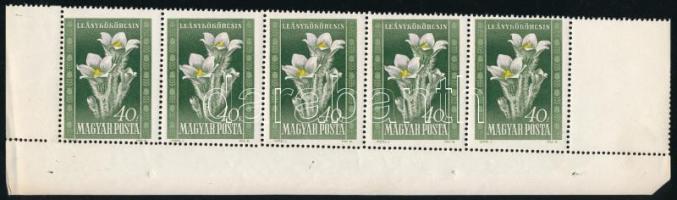 1950 Virág I. 40f ívsarki ötöscsík látványosan elfogazva / Mi 1113 corner stripe of 5 with shifted perforation