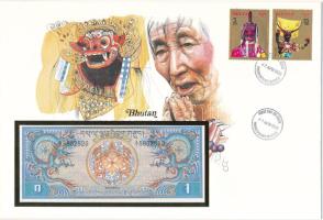 Bhutan 1N DN (1981-1985). felbélyegzett borítékban, bélyegzéssel T:UNC Bhutan ND (1981-1985). 1 Ngultrum in envelope with stamp and cancellation C:UNC