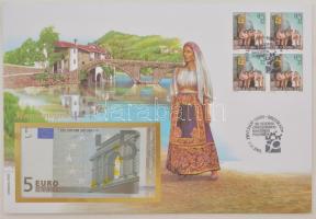 Montenegró 2002. 5E felbélyegzett borítékban, alkalmi bélyegzéssel T:UNC Montenegro 2002. 5 Euro in envelope with stamp and cancellation C:UNC