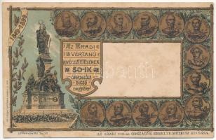 Arad, a 13 vértanú kivégeztetésének 50. évfordulója dicső emlékére. Kiadja az Aradi 1848-as Országos Ereklye Múzeum / Memorial card for the 50th anniversary of the executions of the martyrs of Arad 1849-1899. Lith. Lengyel Lipót. Art Nouveau, floral, litho (fl)