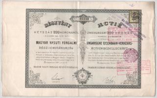 Budapest 1897. "Magyar Vasuti Forgalmi Részvénytársaság" részvénye 200K-ról, szelvényekkel, bélyegzésekkel, osztrák okmánybélyeggel T:F ly