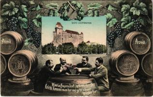 1909 Maria Enzersdorf, Veste Liechtenstein / castle. Art Nouveau montage with wine barrels and drinking men (EK)