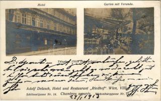 1913 Wien, Vienna, Bécs VIII. Adolf Delasch Hotel und Restaurant Riedhof, Garten mit Veranda. Schlösselgasse Nr. 14, Wickenburggasse Nr. 15. / hotel and restaurant with garden