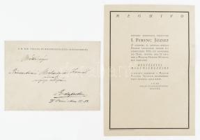 1926 Ferenc József király halálának 10. évfodulójára tartott megemlékezés, valamint a halotti maszk Nemzeti Múzeumnak való átadása alkalmából tartott esemény meghívója, borítékkal