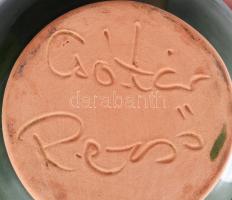 Zöld mázas kerámia méztartó fa adagolóval, kis kopásnyomokkal, m: 12 cm