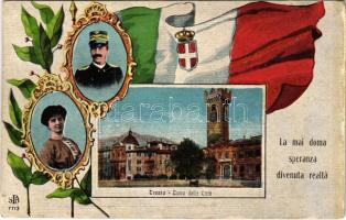 Trento, Trient (Südtirol); Torre della Citta. La mai doma speranza divenuta realta / Italian Art Nouveau propaganda with flag, Victor Emmanuel III of Italy and Elena of Montenegro