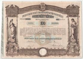 Budapest 1906. Pesti Hazai Első Takarékpénztár-Egyesület 100K-ról szóló nyereménykötvénye, szárazpecséttel (3x) T:F