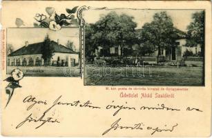 1899 (Vorläufer) Abádszalók, községháza, M. kir. posta és távirda hivatal, gyógyszertár. Revílák Ádám kiadása Art Nouveau, floral (szakadások / tears)