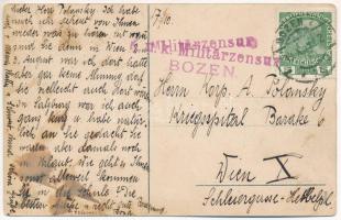 1915 Bolzano, Bozen (Südtirol); Die Laubengasse / street view, shops + "K.u.k. Militärzensur BO...