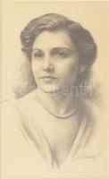 Merényi Rudolf (1893-1957): Varsányi Irén (1877-1932) színésznő portréja. Ceruza, papír. Jelezve jobbra lent. Hátoldalán munkalapon feliratozott. 27x16 cm. Üvegezett fakeretben.