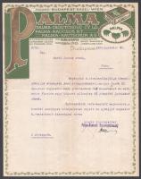 1924 Palma-Kaucsuk R.T., Milánó-Budapest-Basel-Wien - díszes, óarany betűs, üzleti levél, Palma védjegy ábrázolású vízjeles, merített csontlevélpapír