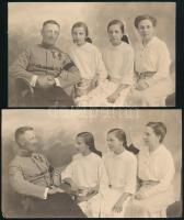 cca 1915-1920 Az I. világháborút megjárt osztrák-magyar katonatiszt családjával, rajta kitüntetésekkel (Ferenc József Ezüst/Bronz Vitézségi Érem, Katonai Jubileumi Kereszt, Katonai Legénységi Szolgálati Jel, A Német Lovagrend Mária Keresztje); 2 db fotó, az egyiken kis saroktöréssel, hátoldalukon ragasztás nyomaival, 18x11 cm és 19,5x11,5 cm