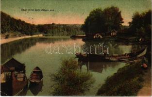 1908 Baja város szép helyen van, folyópart csónakokkal. Ifj. Wagner Antal kiadása (EK)
