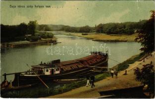 1910 Baja város szép helyen van... uszoda, uszály. Ifj. Wagner Antal kiadása (EK)