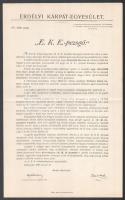 1900 Kolozsvár, az Erdélyi Kárpát Egyesület (EKE) körlevele a velencei (Fejér megye) Belatini Braun A. által készített, "EKE" jelzésű pezsgő forgalomba hozataláról