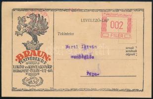 1934 Braun Testvérek R.T. Likőr és Konyakgyár díjjegyes Levelező-lap