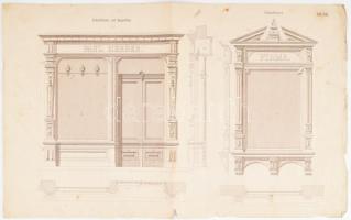 Pilaszteres üzleti kirakat tervrajz bejárati ajtóval, 43x28cm, 13. sz. tábla - in:Fünfzig Entwürfen zu Ladenvorbauen, Schaufenstern und Warenauslagen | Weimar,1883.