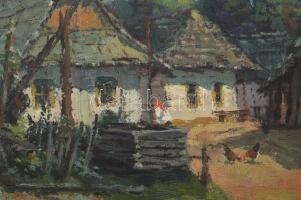 Olvashatatlan jelzéssel, XX. sz. első fele: Napfényes udvar. Olaj, vászon. Dekoratív, sérült fakeret...