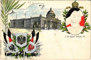 1900 Berlin, Königliches Schloss, S.M. Kaiser Wilhelm II / castle. Art Nouveau, embossed, litho with flags and coat of arms (fa)