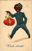 1931 Húsvéti üdvözlet! Fekete londiner húsvéti tojással / Easter greeting, black bell boy. Amag No. 2502. litho (fl)