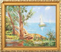 T. Deák J jelzéssel: Vitorlás. Olaj, vászon. Dekoratív fakeretben. 25x30 cm