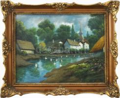 Takács jelzéssel: Faluvége. Olaj, falemez. Dekoratív, sérült fakeretben. 30,5x39,5 cm