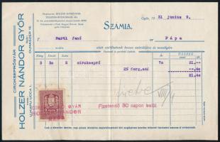 1931 Győr, Holzer Nándor Cirokseprűgyár fejléces számla, 2f okmánybélyeggel