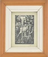 Imets László (1934-): Székely házaspár szarvasokkal. Fametszet, papír. Üvegezett fakeretben, 11x7 cm (keret: 21,5x17 cm)