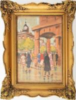 Olvashatatlan jelzéssel. Nagyvárosi forgatag. Olaj, karton. Dekoratív, üvegezett, sérült fakeretben. 35,5x26 cm